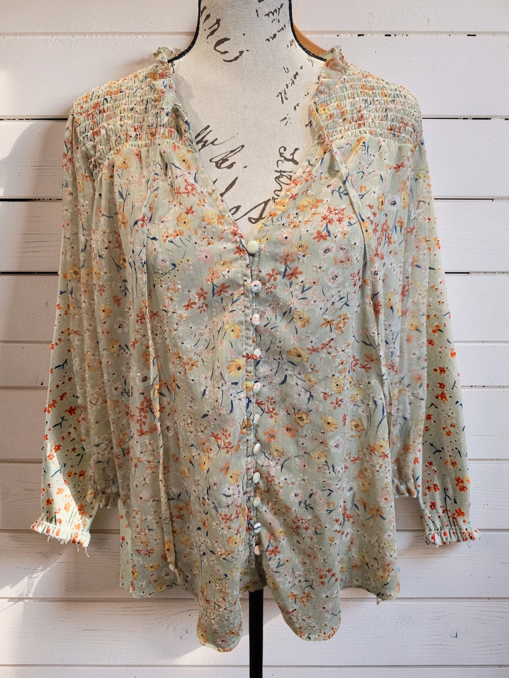 Perch by Blu Pepper Smocked V-Neck Floral Long Sleeve Blouse Top 1XL